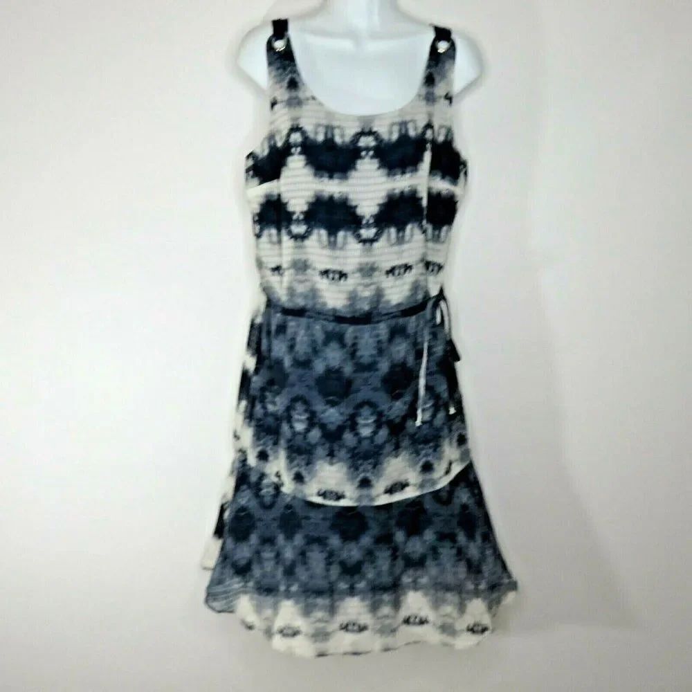 Libby Edelman Navy Blue White Tie Waist Ruffle Hem